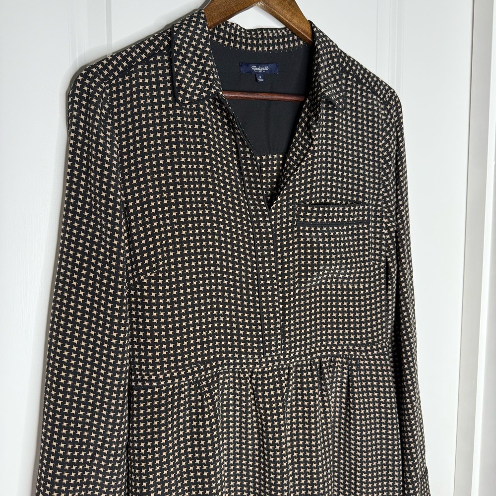 Madewell Silk Cinema Dress - Mini-Houndstooth Shirtdress Black